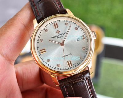 Swiss Replica Patek Philippe Calatrava 8215 Silver Dial Rose Gold Bezel Watch